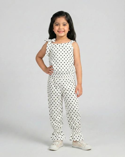 Girls White Polka Dot Sleeveless Jumpsuit