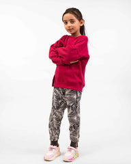 Girls Bow Sweatshirt & Leaf Print Jogger Set | Maroon