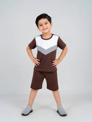Brown Grey Panel Kids Short Sleeve Kids Wear