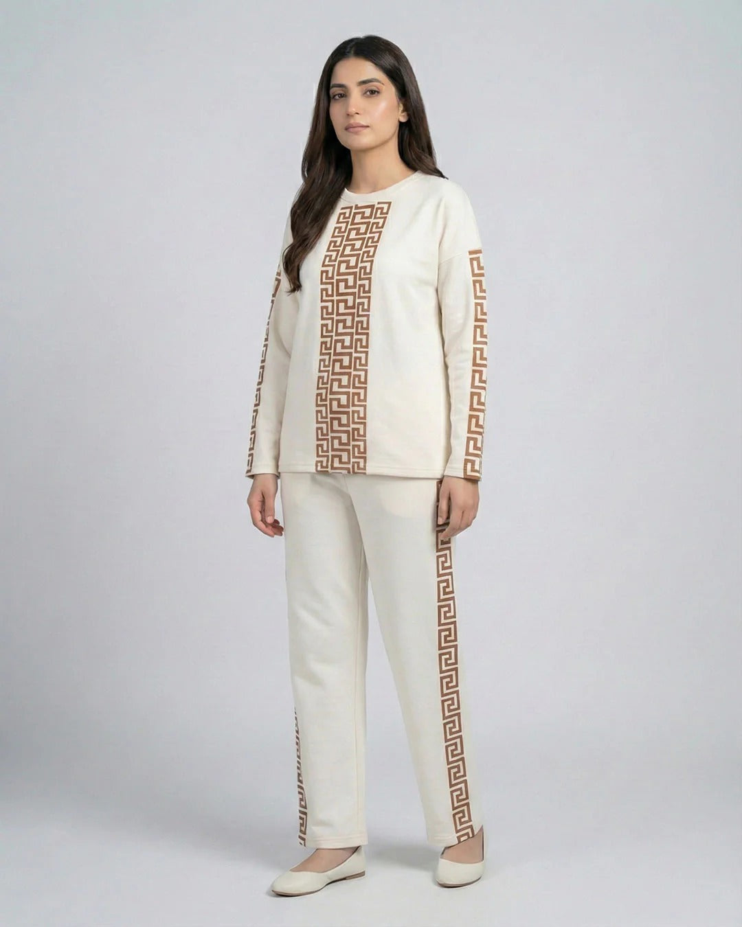 Urban Luxe Greek Co-Ord Set for Women | Cream