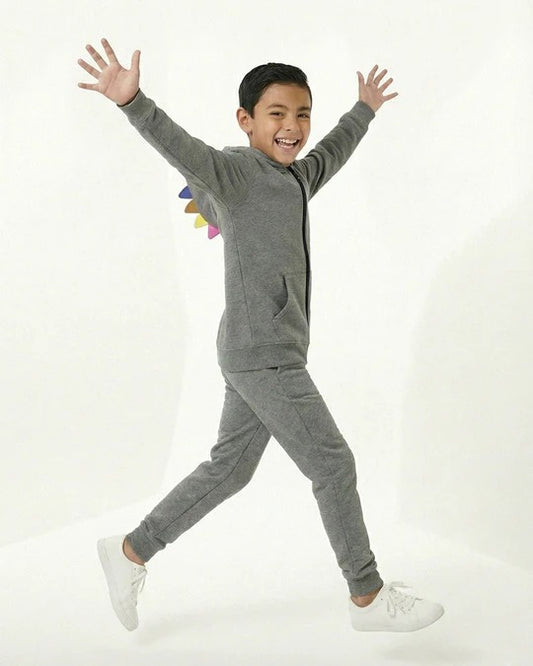 Kids Grey Fleece Hoodie & Jogger Set with Dino Spike Hood