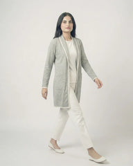 Grey Front Open Long Coat Dual Pockets Jacket