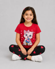 Sweet Kitty Ice Cream Girls Pajama Set - Red & Black