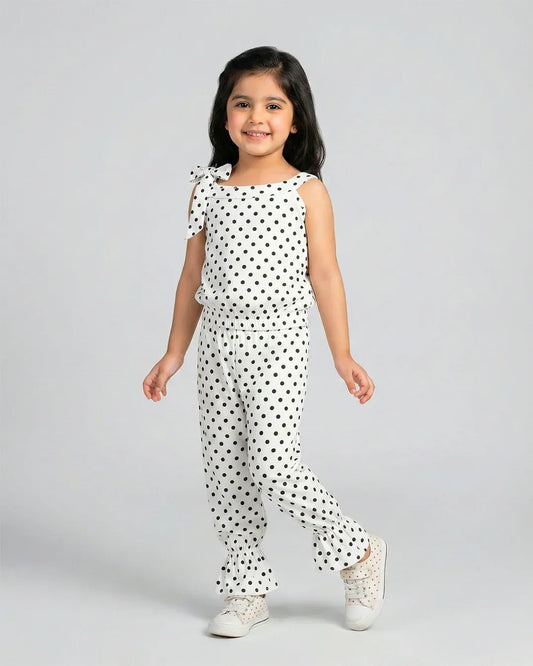 Girls White Polka Dot Sleeveless Jumpsuit