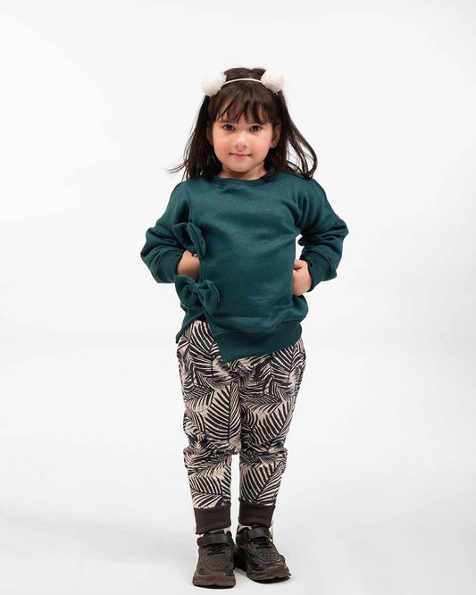 Girls Bow Sweatshirt & Leaf Print Jogger Set | Forest Green