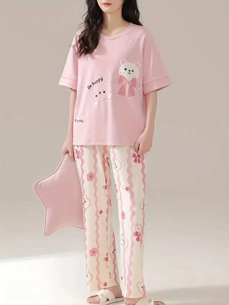 Be Happy Bear Printed Cotton Night Suit Set