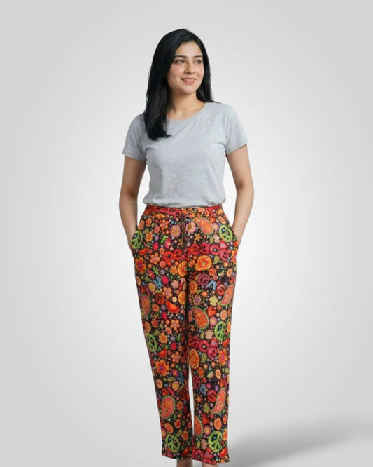 Women Boho Peace Print Elastic Waist Trousers – Casual & Lounge Wear