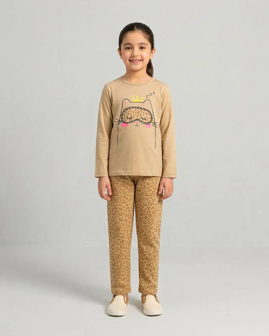 Sleepy Cat Pajama Set - Camel
