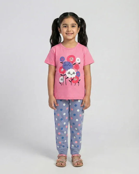 Girls Cute Cat & Flower Print Pajama Set - Short Sleeve