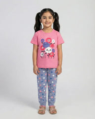 Girls Cute Cat & Flower Print Pajama Set - Short Sleeve