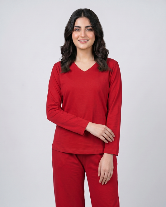 Women V Neck Lounge Wear - Red