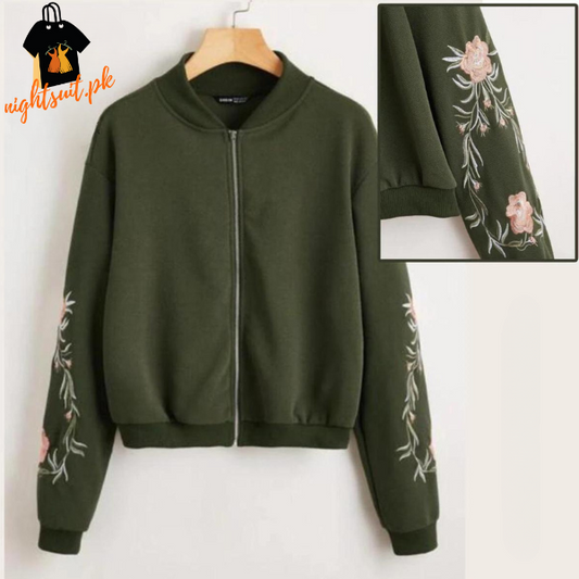 Olive Green Embroidered Floral Detail Zip Up Bomber Jacket For Women