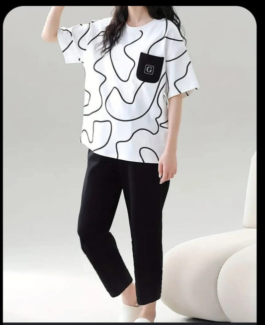 Urban wave printed women night suit with shirt and trouser made from blended cotton jersey fabric, comfortable ladies sleepwear in Pakistan
