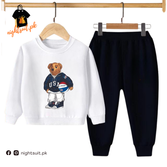 White Football Bear Kids Sweatshirt & Pant