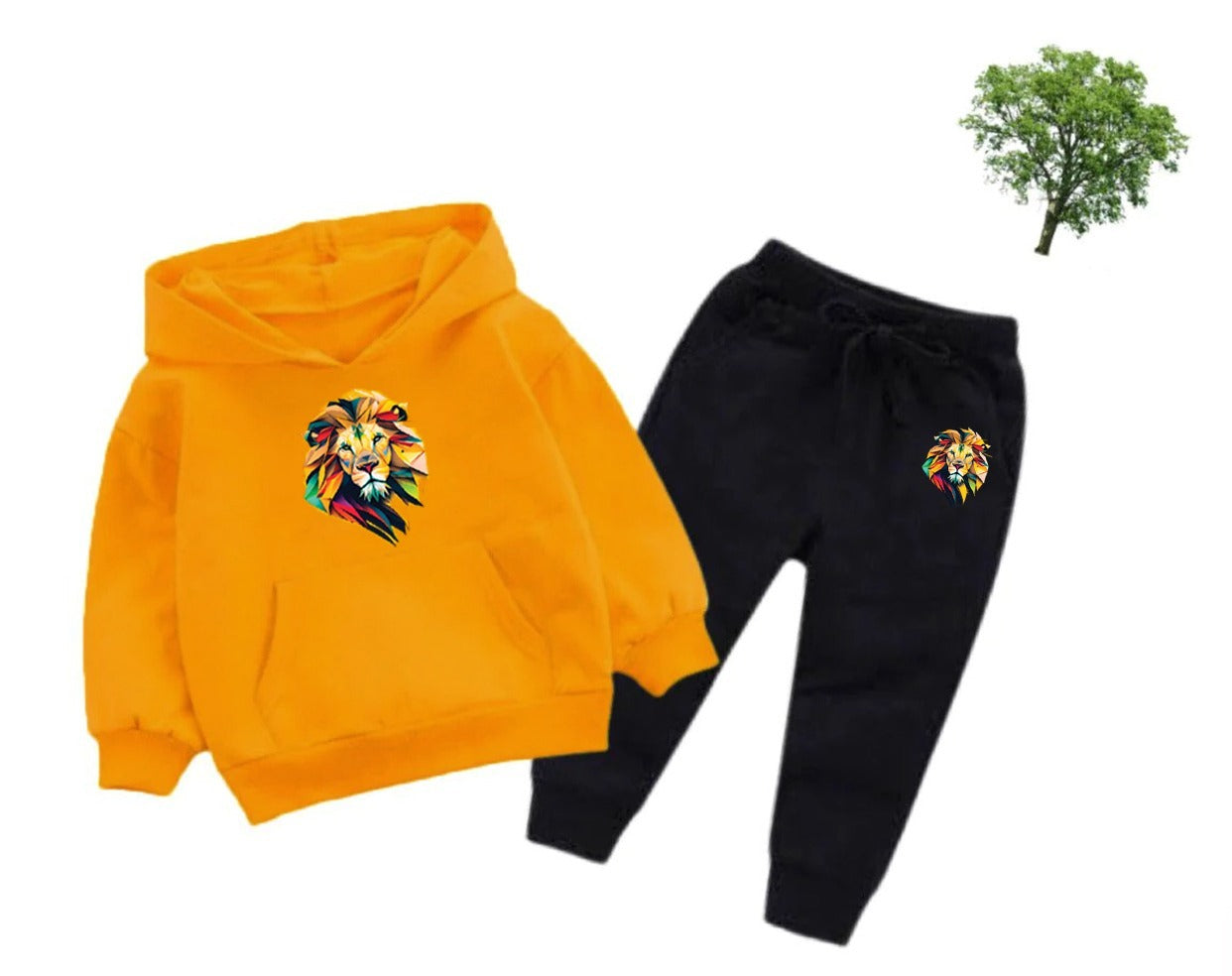 Yellow Lion Printed Kids Hoodie Set