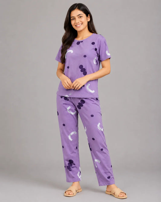 Pattern Printed Pajama Set - Purple
