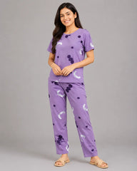 Pattern Printed Pajama Set - Purple
