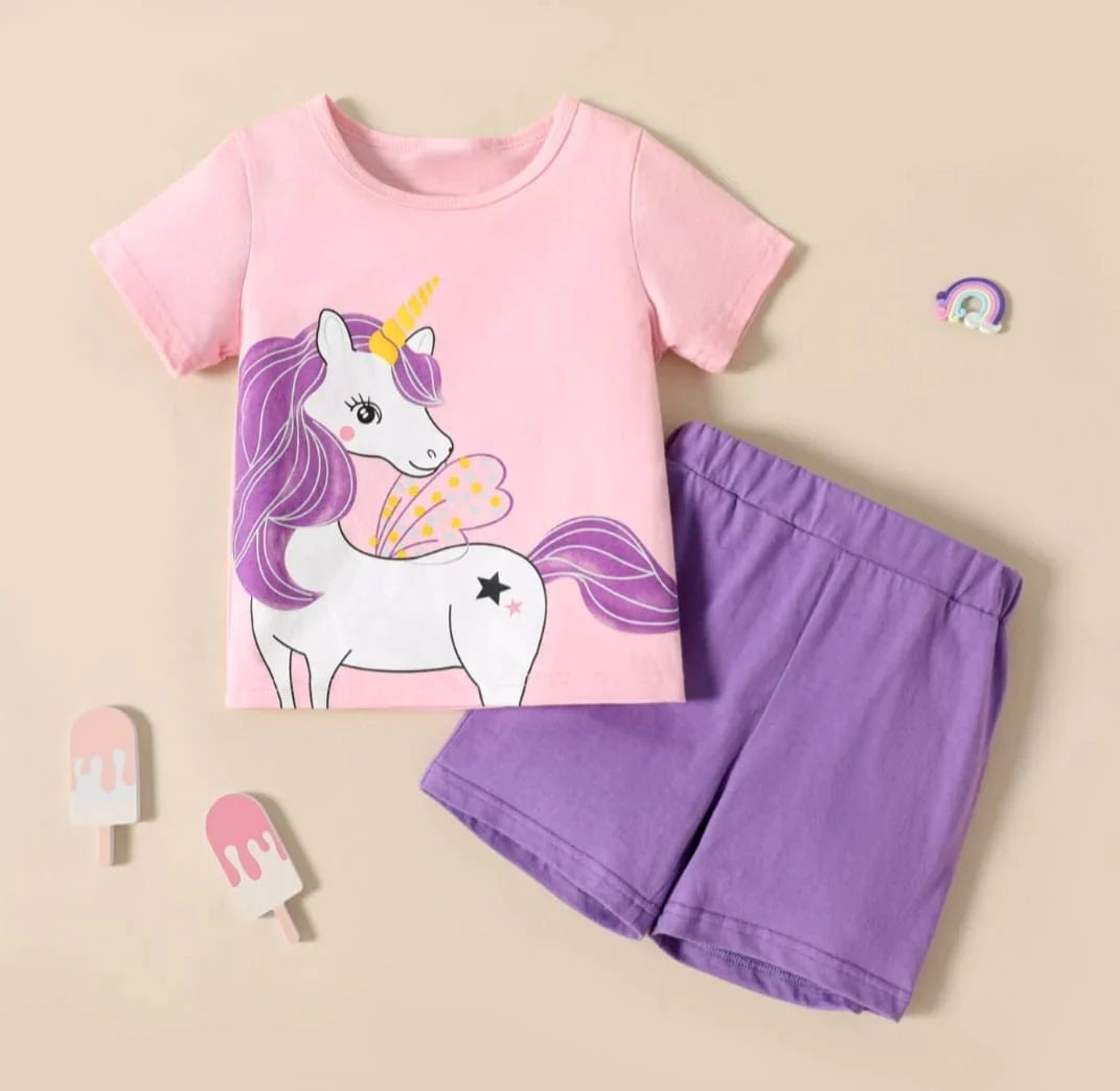 Pink Purple Unicorn Print Short-sleeve Tee & Shorts Set